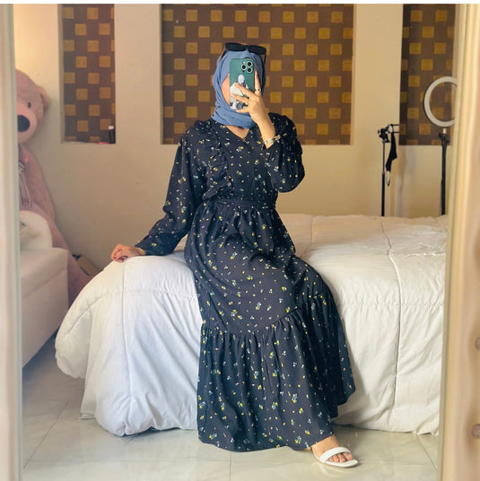 Georgette Crepe Black Floral Dress Abaya for Womens