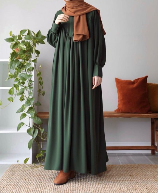 Olive Green V Pleated Abaya for Womens