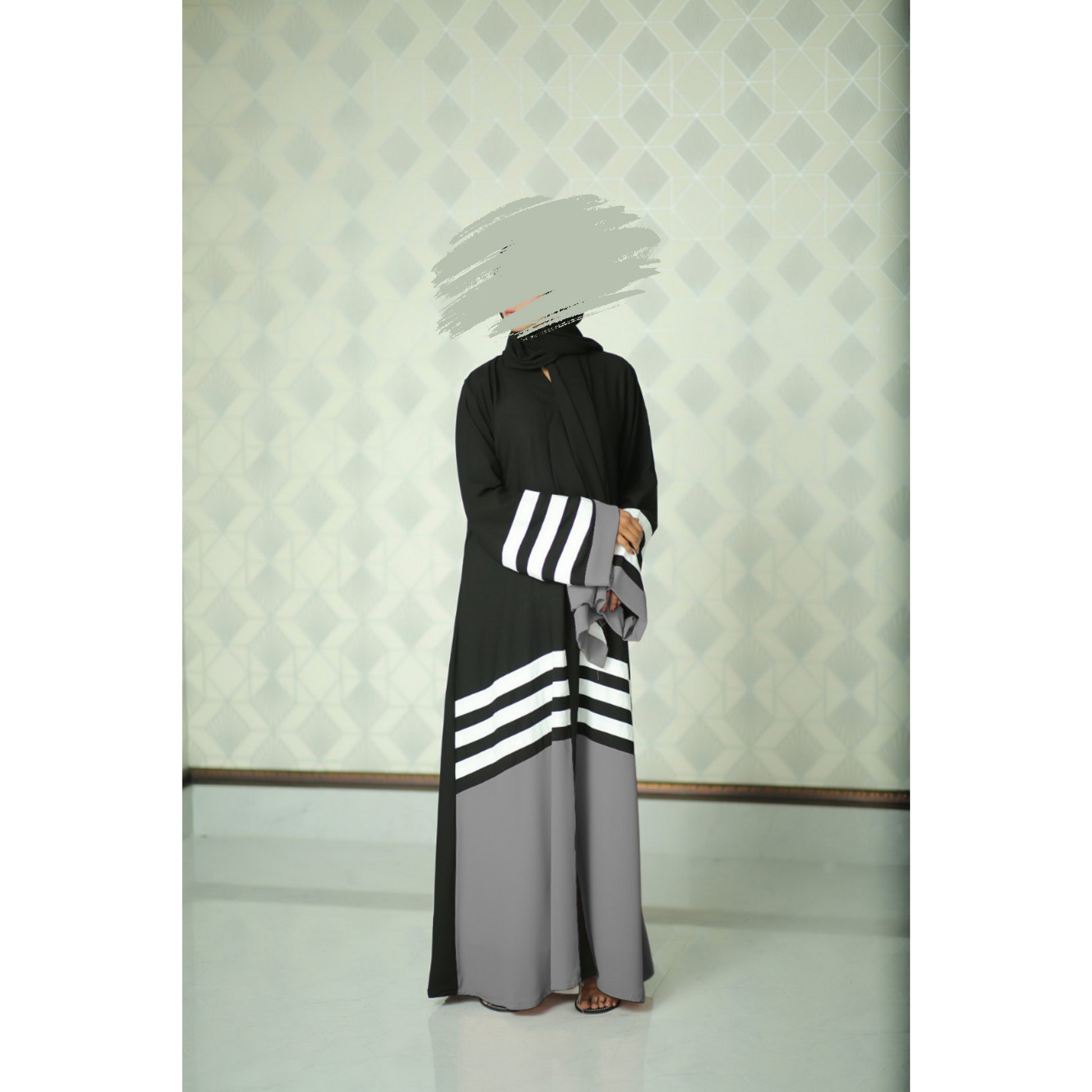 KASTOOR Black and Grey Stripe Baggy Abaya for Womens