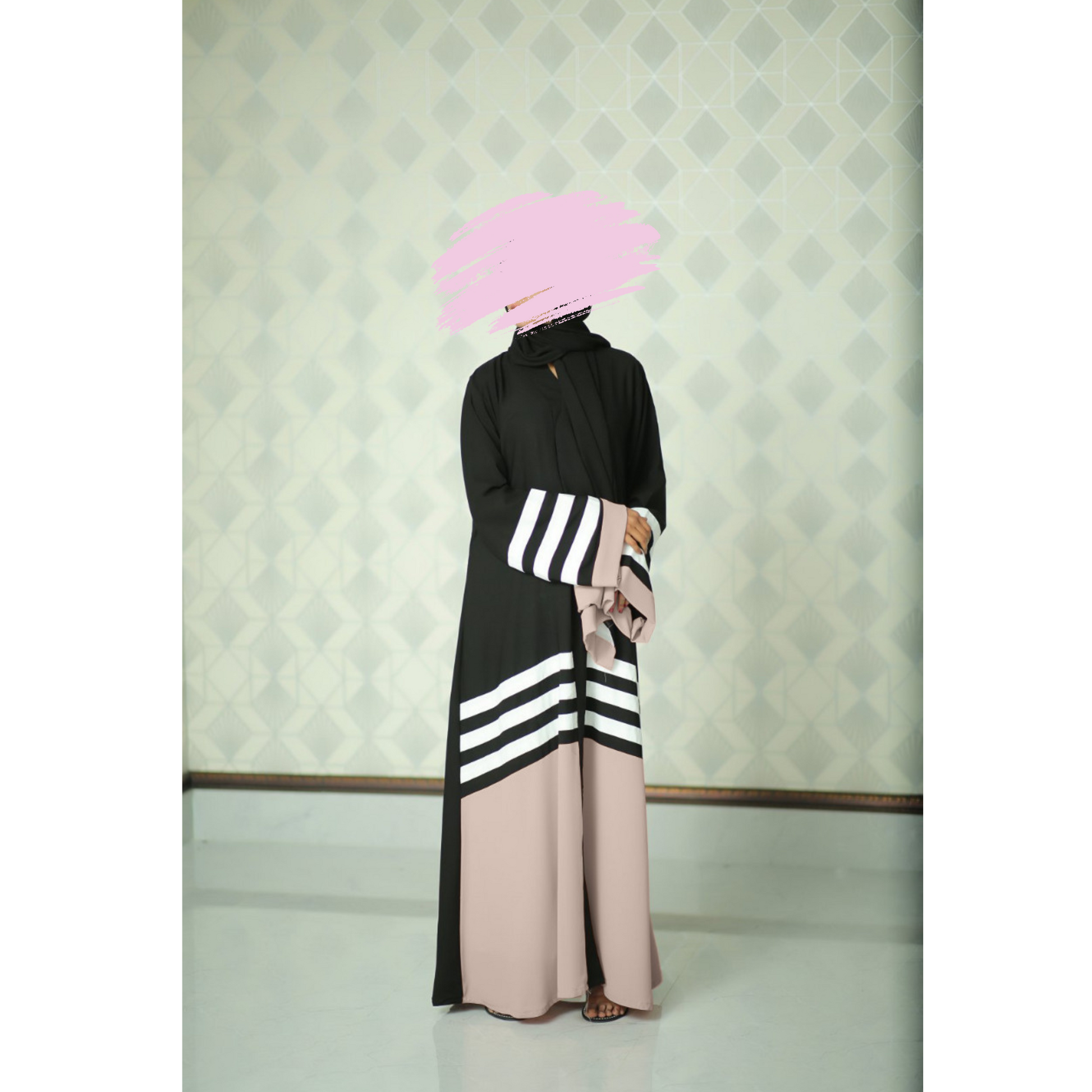 KASTOOR Black and Cream Stripe Baggy Abaya for Womens