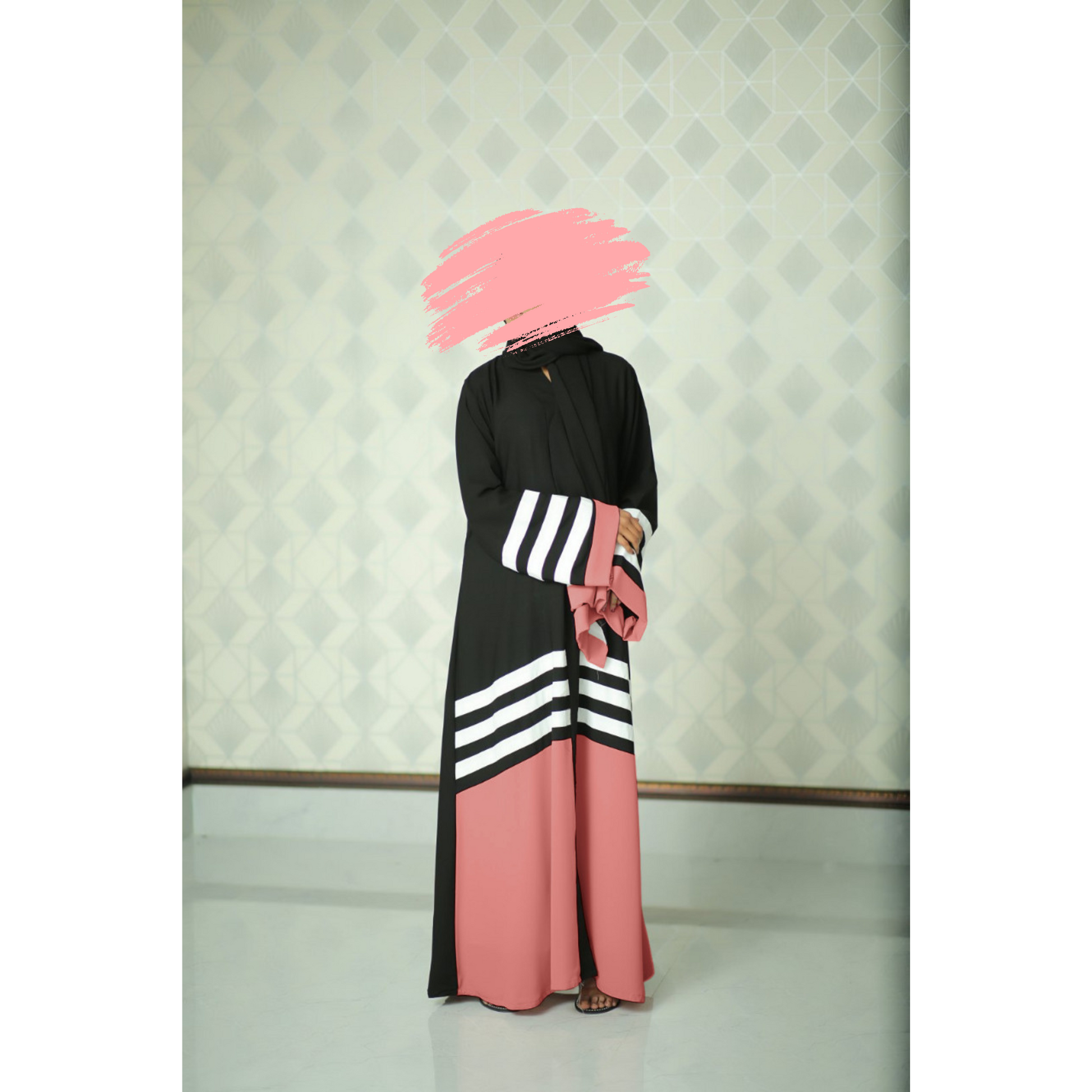 KASTOOR Black and Pink Baggy Stripe Abaya for Womens