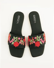 Embroidered Black Floral Flats